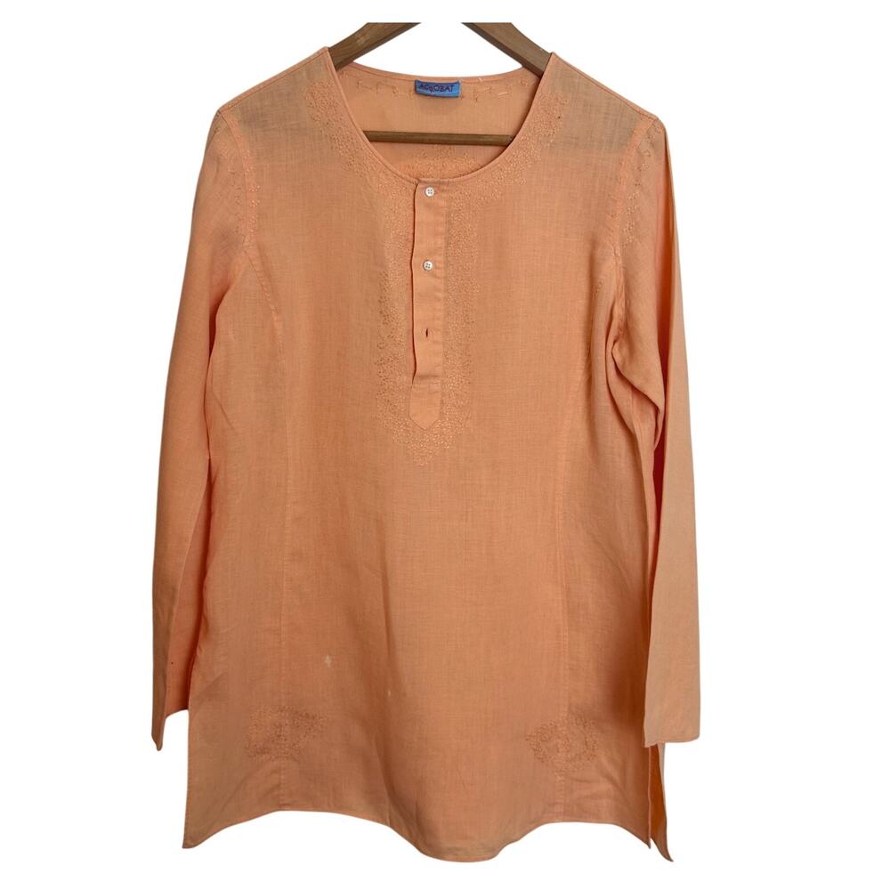 Acrobat Embroidered Long Sleeve Tunic Top Women’s Small Peach Orange Sheer Boho